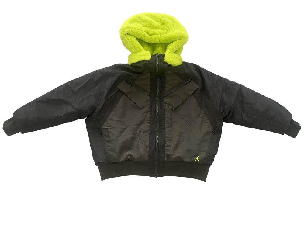 Jordan Jacket Unisex Kids L Black Hooded Bomber Full Zip Fleece Lined Neon Hood